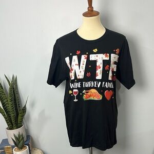 Black Graphic Tee with Wine Turkey Family Design Size Medium